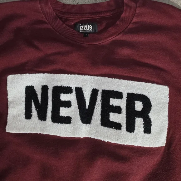 Men's Burgundy Crewneck Sweatshirt with 'NEVER' Chest Patch - Picture 2 of 6